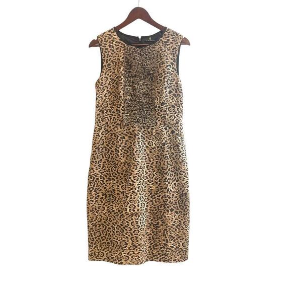 Elie Tahari Leopard Print Dress Size 10 Knee Length Sheath Ruffles Career - Picture 1 of 11